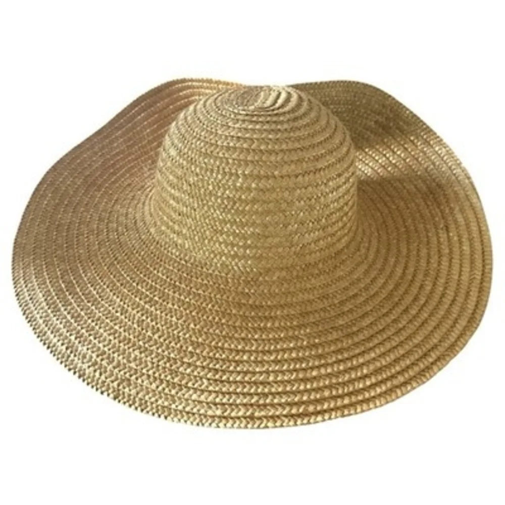 Vintage Wide Brim Natural Straw Sun Hat Black Satin Rose Flower Accent VG